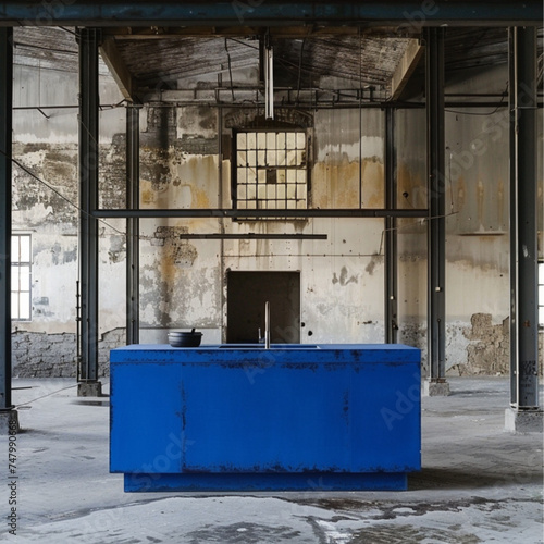 a minimal blue kitchen island standing in a vast renovated industrial space, 1 cople photo