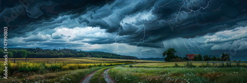 energy of spring storms with dramatic rolling clouds, lightning strikes, and rain-soaked landscapes