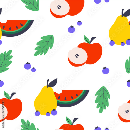 Bright seamless pattern with colourful fruits  berries and green leaves.
