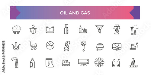 Oil and gas industry Icons. Simple line art style icons pack. Fuel icons. Oil and gas line icon set. Vector illustration.