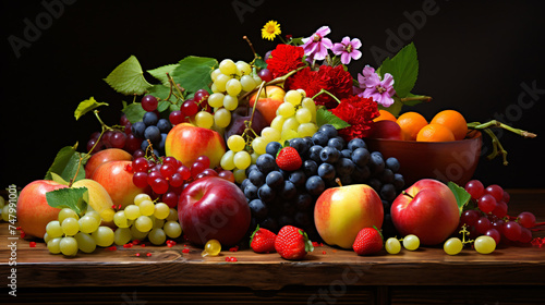 Fresh summer fruits with apple, grapes, berries.