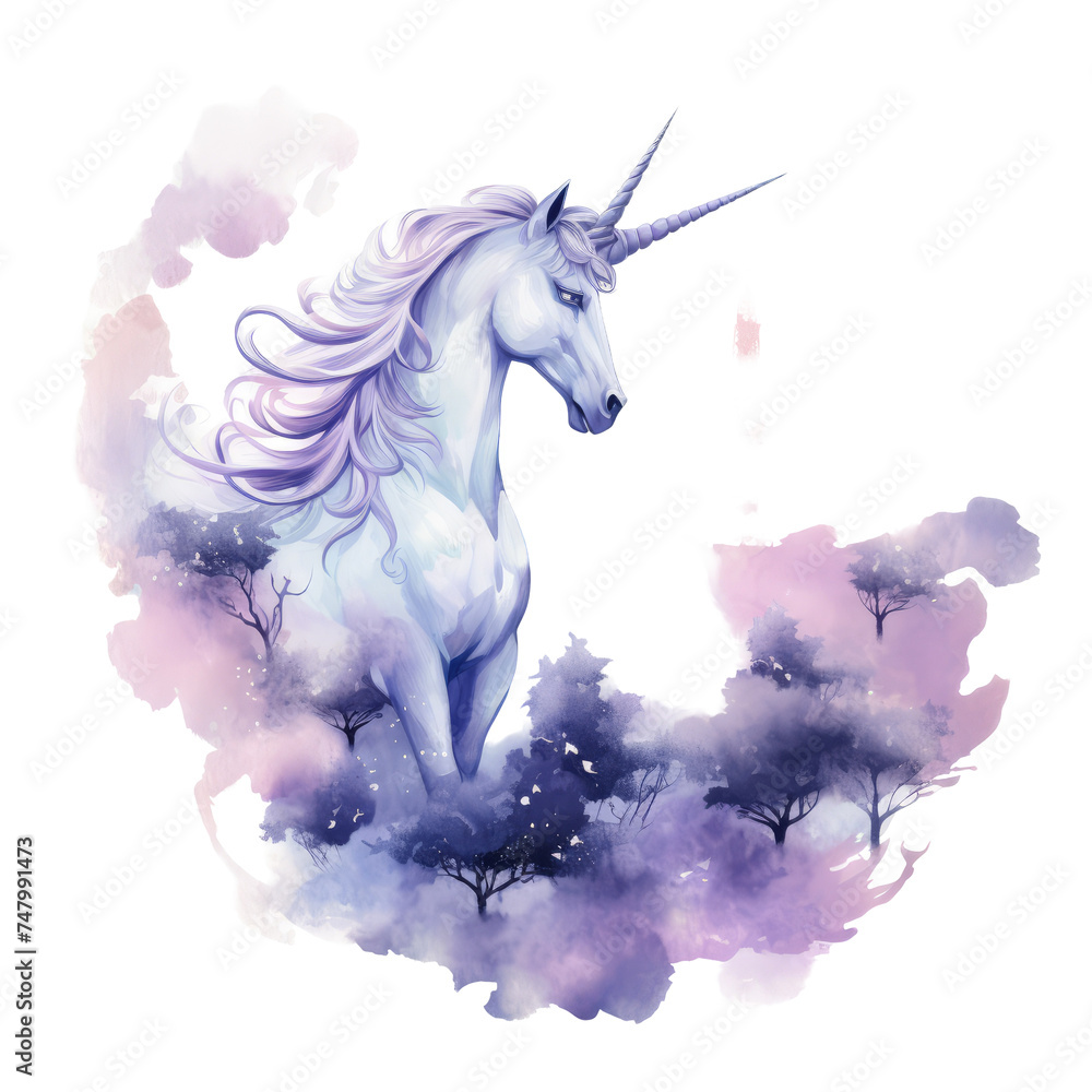 Whimsical transparent unicorn in purple clouds - An etheric digital art piece of a pure transparent unicorn amongst swirling purple clouds