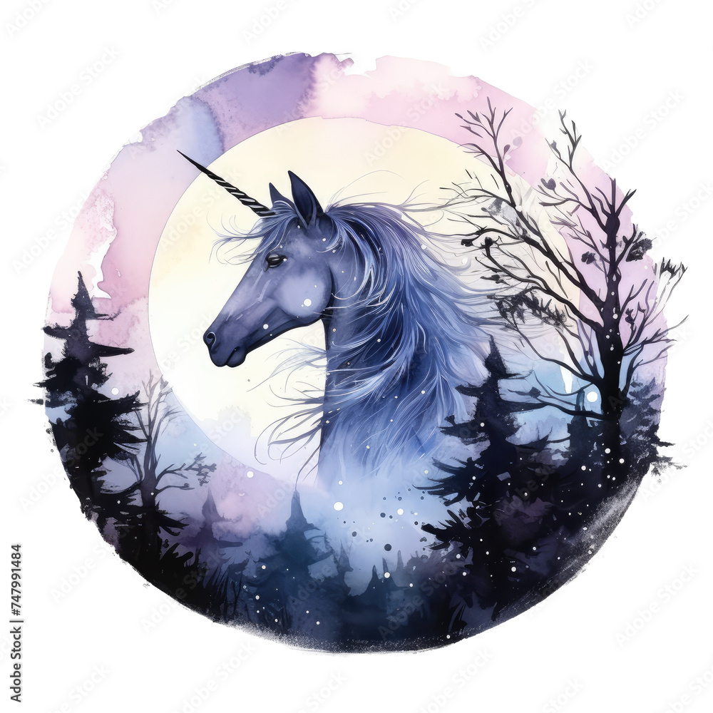 Mystical unicorn in silhouette moonlight scene - A serene silhouette illustration of a unicorn in a night forest setting with a full moon backdrop