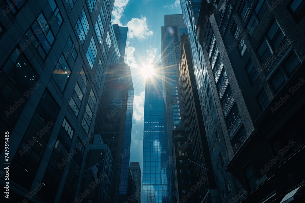 a sun shining through a tall building