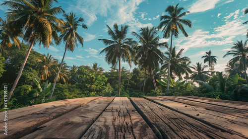 Top wooden table with coconut trees background