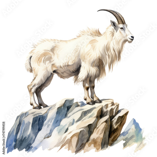 Mountain Goat Standing on Rocky Cliff Watercolor - Stoic mountain goat standing atop a rocky cliff, captured in detailed watercolor strokes