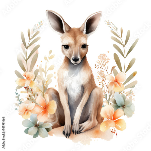Gentle fawn surrounded by floral elements - A delicate watercolor artwork showing a serene fawn amidst an array of soft pastel flowers, creating a peaceful, natural scene