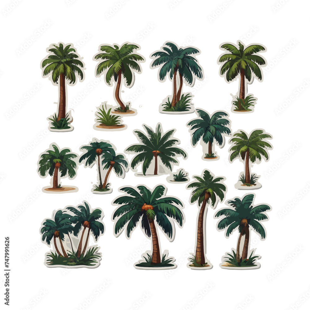 coconut trees flat vector illustrations set. Exotic beach plants isolated design elements pack collection on white background.