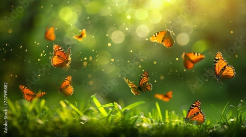 Abstract natural backdrop, vibrant butterflies, lush green grass, a serene and whimsical creation, AI Generative