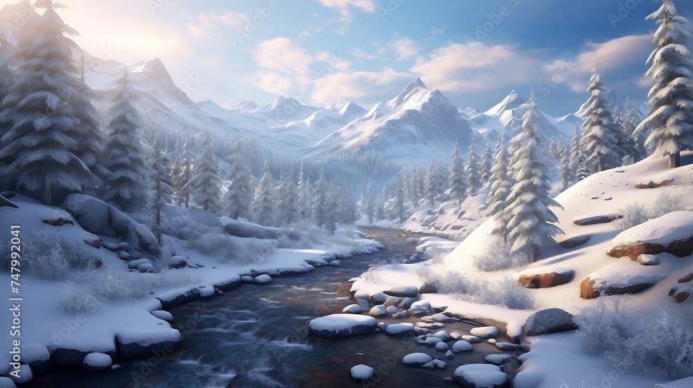 A pristine winter landscape unveils a world covered in a soft, white blanket of snow, with tranquil forests and icy streams. 
