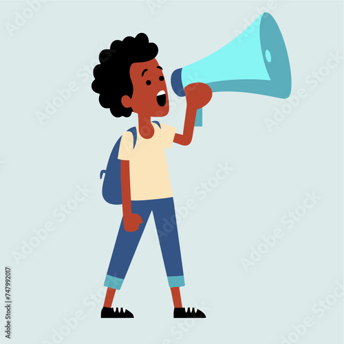 vector flat african young boy shouting on a megaphone