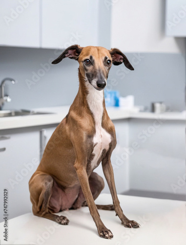 Greyhound sitting smiling on the examination table in a veterinary office. © LaSierragPhotoGraphy