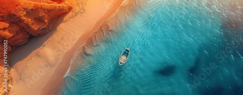 Top down view of a boat near a cliff and azure sea