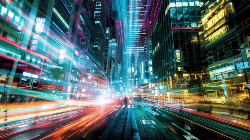 Depict a scene from a not-too-distant future, where the heart of a smart mega city pulses with neon lights and high-speed energy. Skyscrapers adorned with digital interfaces, AI Generative