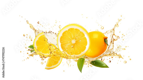 lemon with juice splash Realistic Portrait Isolated On Transparent Background Or PNG Background.