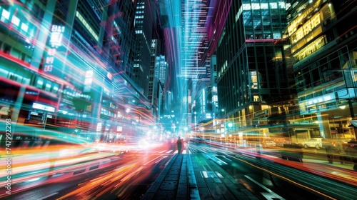 Depict a scene from a not-too-distant future, where the heart of a smart mega city pulses with neon lights and high-speed energy. Skyscrapers adorned with digital interfaces, AI Generative