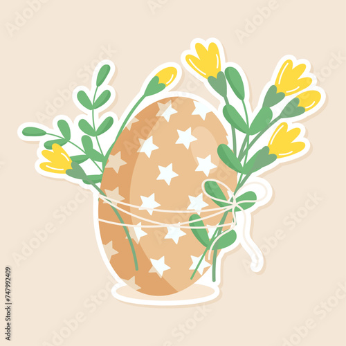 Vector image of a chocolate Easter egg and spring flowers