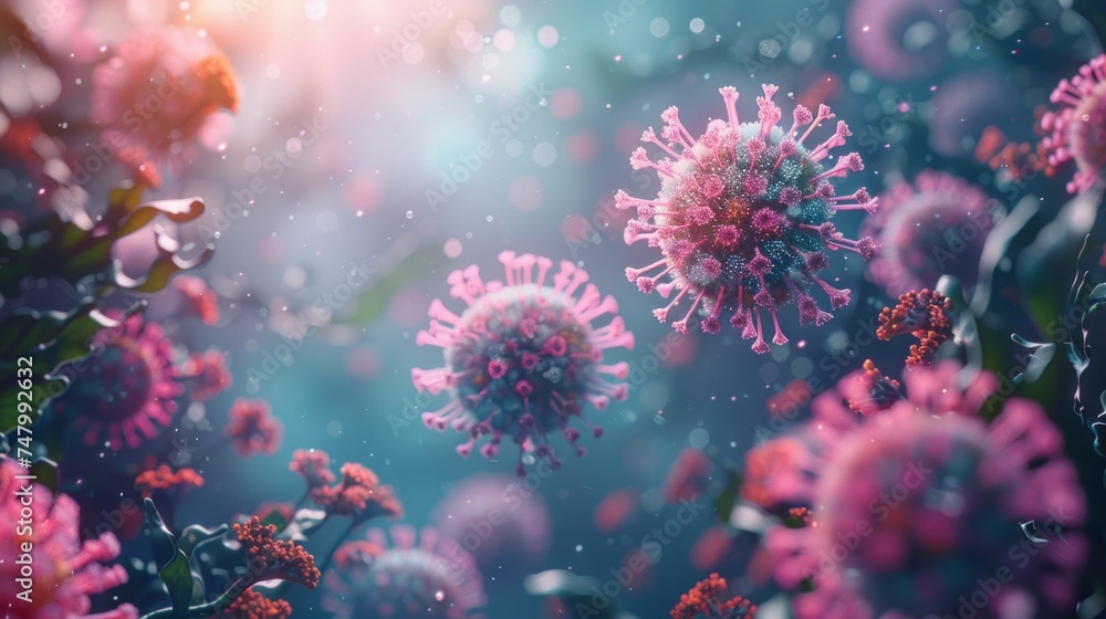 Detailed macro of coronavirus molecules, red-blue microbes bacteria, medical concept illustration, COVID-19 outbreak focus AI Generative Detailed macro of coronavirus molecules, red-blue microbes bacteria, medical concept illustration, COVID-19 outbreak focus AI Generative