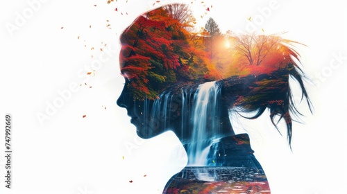 double exposure womans profile, waterfall, isolated white background, AI Generative photo