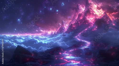 futuristic mountain, towering peaks adorned with neon flora, glowing path winding to the summit, night sky pulsating with stars, atmosphere charged with mystery, AI Generative