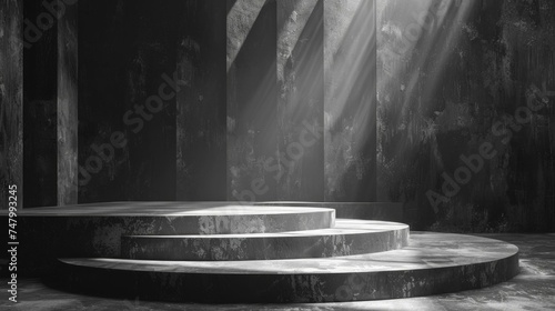Grey shades abstract stage, a podium for product presentation, a blank wall background with subtle backlit, 3D rendering for a sophisticated mockup, AI Generative photo