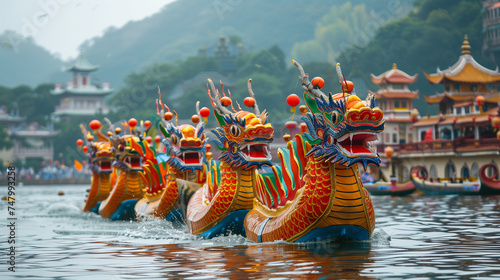 Dragon boats lined up on the water. Dragon boat festival.