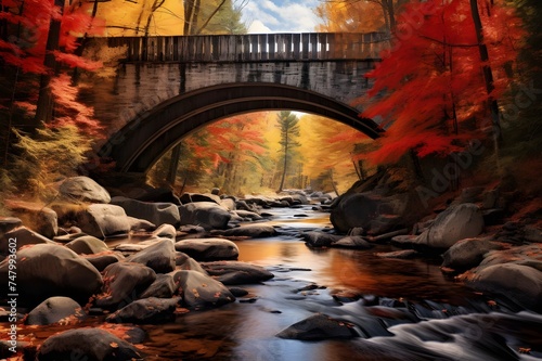 A historic covered bridge spanning a serene river, surrounded by autumn foliage.