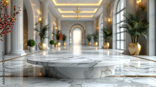 Luxurious white marble table, blurred abstract building interior background, ideal for product presentation or montage, AI Generative