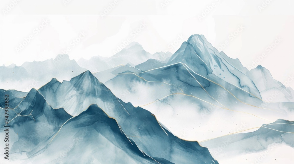 minimalist mountain landscape in soft pastel watercolors, highlighted with golden lines, panoramic banner illustration against a white background, AI Generative