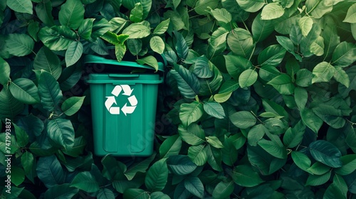 a green recycle bin surrounded by leaves