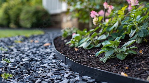 Dark mulch bed with garden border made of matte black aluminum and a big space for text or product, Generative AI. photo