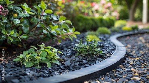 Dark mulch bed with garden border made of matte black aluminum and a big space for text or product, Generative AI.