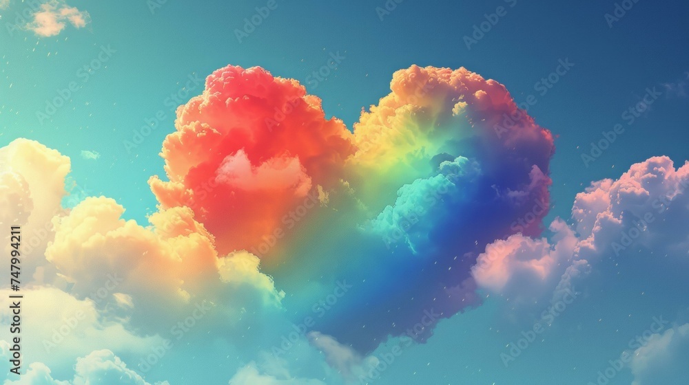 Queer rainbow heart poster featuring a heart-shaped cloud adorned in rainbow colors, soaring in the sky. This backdrop encapsulates the essence of LGBT love and pride, AI Generative