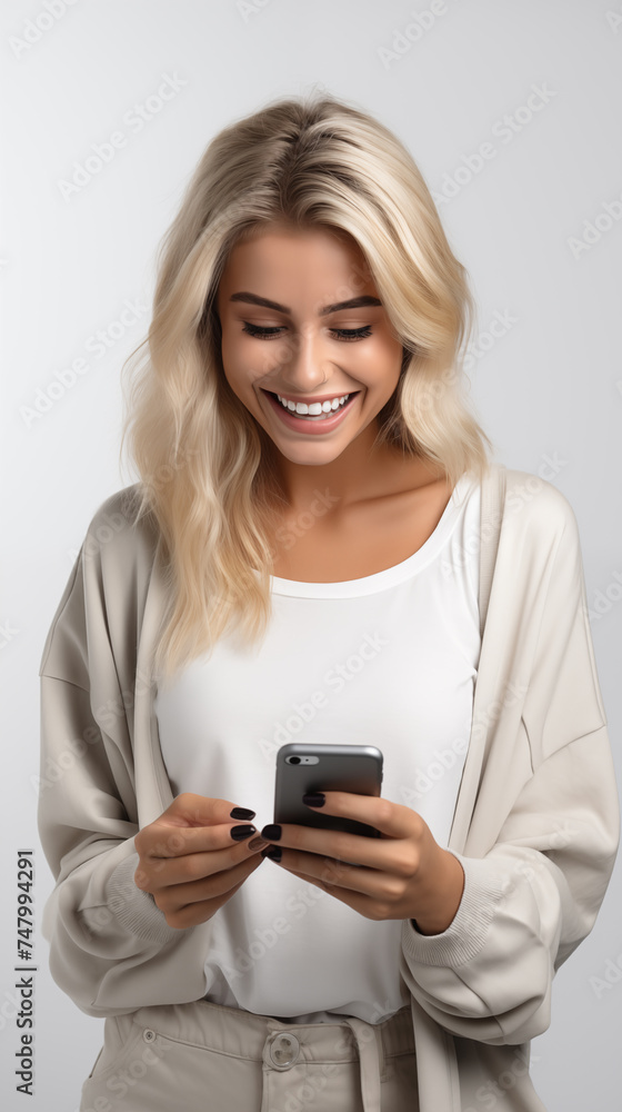 happy blonde woman using phone on white background happy blonde woman using phone on white background