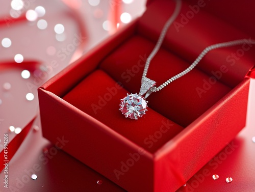 a diamond necklace in a red box