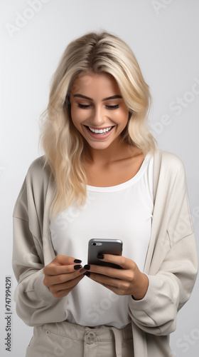 happy blonde woman using phone on white background 