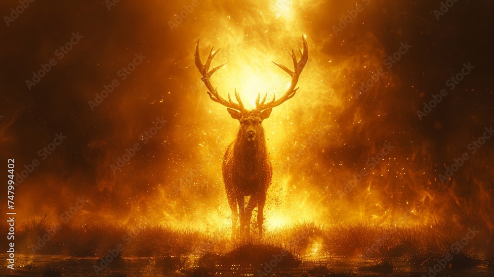 solitary red deer, illuminated by morning sun, tranquil setting, vibrant, soft mist, ethereal, AI Generative