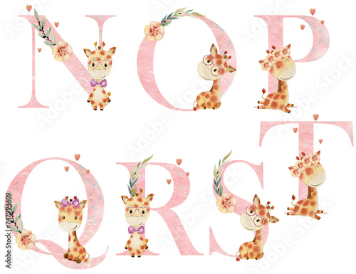 Wallpaper Mural Watercolor letters with giraffes for invitation card, nursery poster and other. Torontodigital.ca