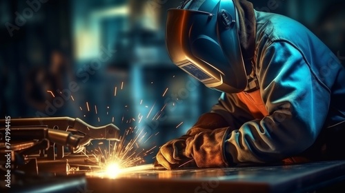 Close up of professional welder working on medium sized pipe with blue light, metalwork in focus photo