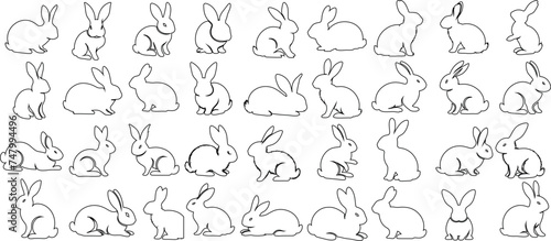 Rabbit outline art, ideal for childrens books, educational materials, or Easter decorations. Various poses, sitting, jumping, playing