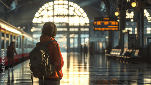 The solitary figure of a young woman, backpack slung over her shoulder, waiting in the grand, spacious hall of a large train station details capture the architectural beauty, AI Generative