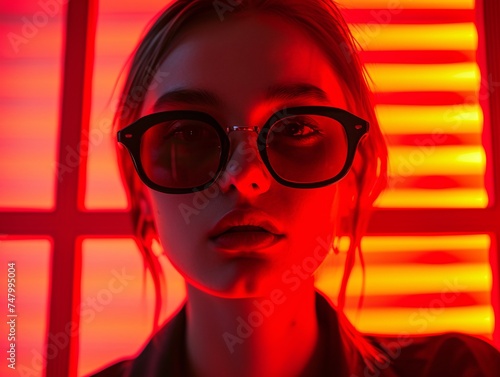 a woman wearing glasses in front of a red light