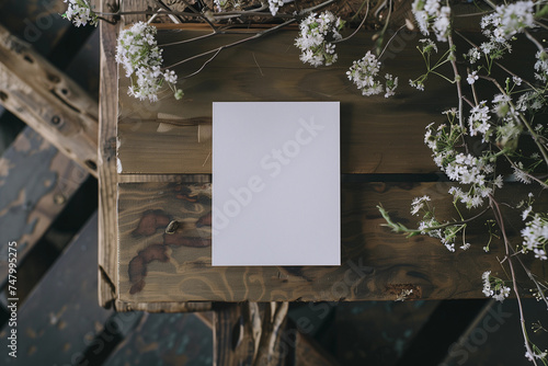 Flatlay of portrait white blank empty card on rustic wood background with dried flowers for print on demand POD mock ups or printable party events or wedding invitations, RSVP cards and stationery