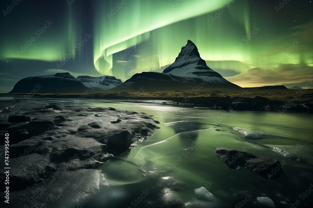 Green aurora borealis scenery. Amazing northern lights reflection on frozen lake, winter night landscape with bright sky. Iceland nature