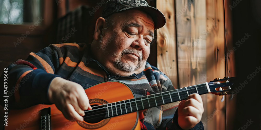 Obraz premium Deaf individual playing guitar. Hearing Impairment. Disability