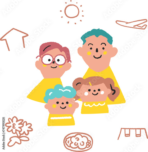 肩を寄せ合う二人の子どもと両親　イラスト素材
