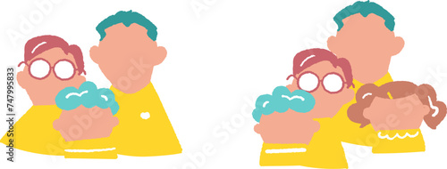 肩を寄せ合う二人の子どもと両親　表情なし　セット　イラスト素材
