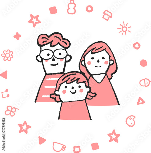 模様の円で囲まれた仲良し親子　イラスト素材
