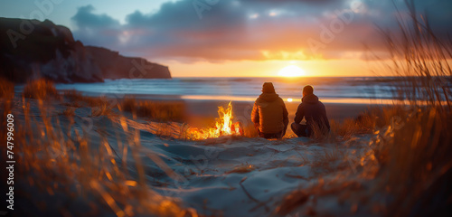 Friends sitting at sunset on the beach dunes next to a campfire
