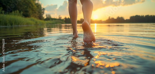 Bare feet walking along the bank of a river at sunset photo